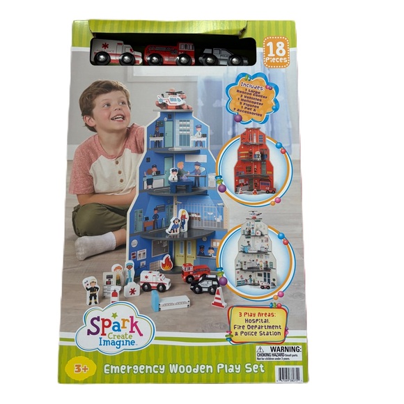 Emergency Wooden Play Set NEW Fire station Ambulance Police Hospital